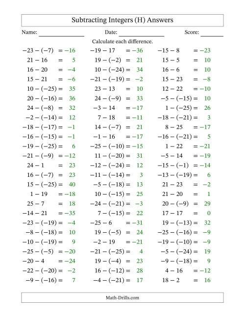 The Subtracting Mixed Integers from -25 to 25 (75 Questions) (H) Math Worksheet Page 2