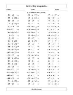 Subtracting Mixed Integers from -50 to 50 (75 Questions)