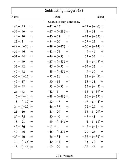 Subtracting Integers from (-50) to (+50) (Negative Numbers in ...