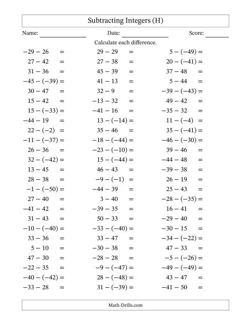 The Subtracting Mixed Integers from -50 to 50 (75 Questions) (H) Math Worksheet