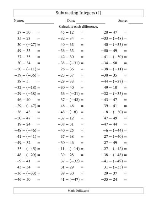 The Subtracting Mixed Integers from -50 to 50 (75 Questions) (J) Math Worksheet