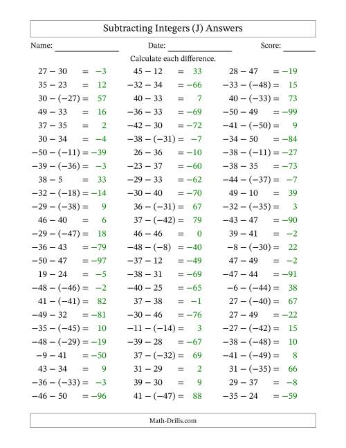 The Subtracting Mixed Integers from -50 to 50 (75 Questions) (J) Math Worksheet Page 2