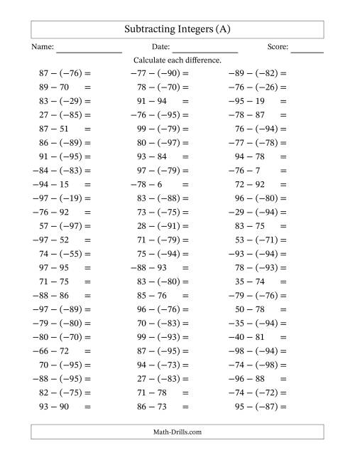 The Subtracting Mixed Integers from -99 to 99 (75 Questions) (A) Math Worksheet