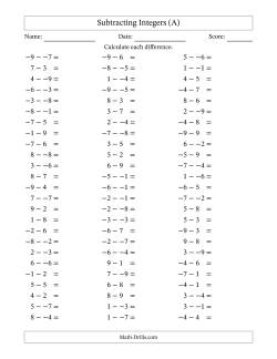 Subtracting Mixed Integers from -9 to 9 (75 Questions; No Parentheses)