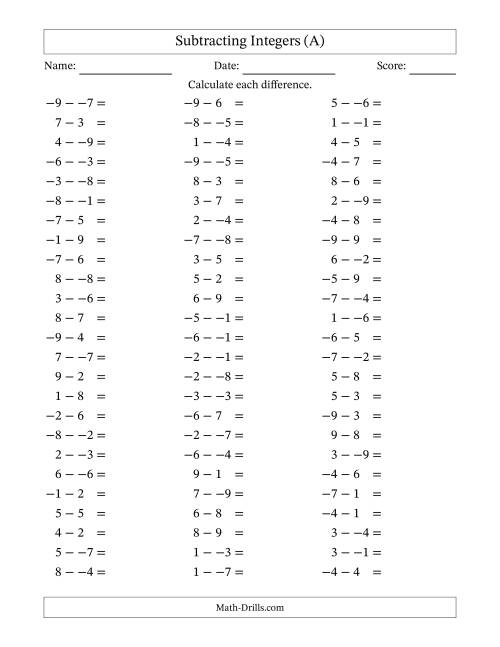 The Subtracting Mixed Integers from -9 to 9 (75 Questions; No Parentheses) (A) Math Worksheet