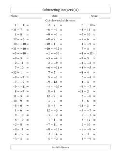 Subtracting Mixed Integers from -12 to 12 (75 Questions; No Parentheses)