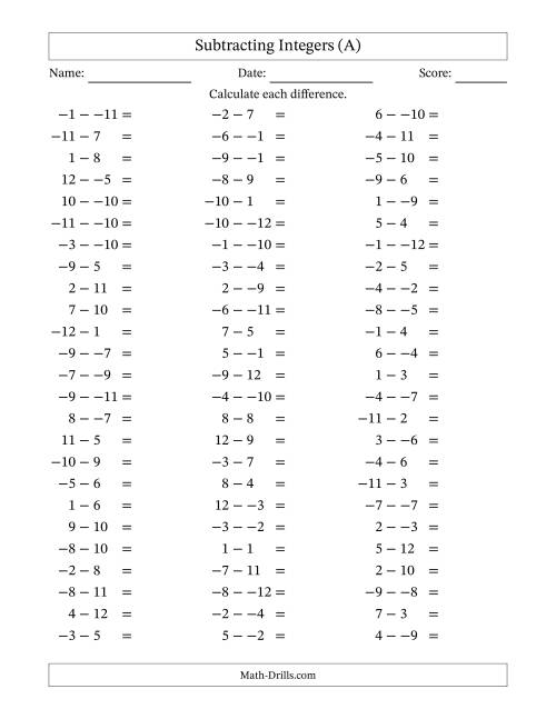 The Subtracting Mixed Integers from -12 to 12 (75 Questions; No Parentheses) (A) Math Worksheet
