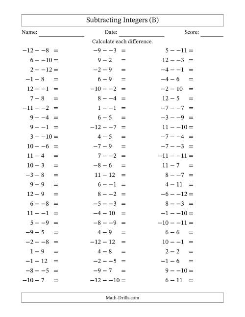 The Subtracting Mixed Integers from -12 to 12 (75 Questions; No Parentheses) (B) Math Worksheet