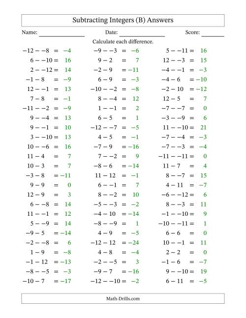 The Subtracting Mixed Integers from -12 to 12 (75 Questions; No Parentheses) (B) Math Worksheet Page 2
