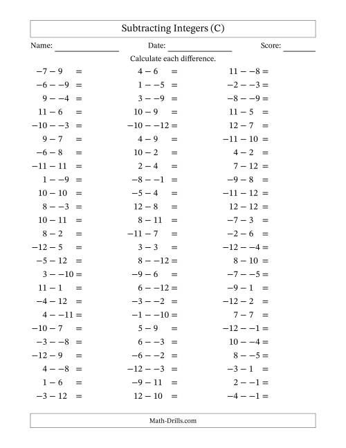 The Subtracting Mixed Integers from -12 to 12 (75 Questions; No Parentheses) (C) Math Worksheet