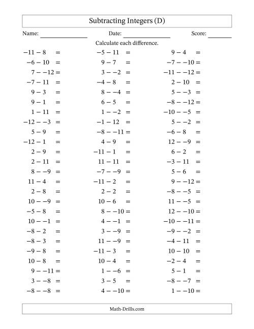 The Subtracting Mixed Integers from -12 to 12 (75 Questions; No Parentheses) (D) Math Worksheet
