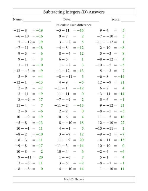 The Subtracting Mixed Integers from -12 to 12 (75 Questions; No Parentheses) (D) Math Worksheet Page 2