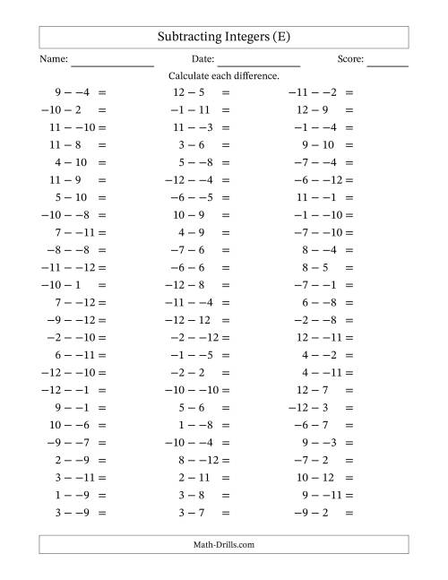 The Subtracting Mixed Integers from -12 to 12 (75 Questions; No Parentheses) (E) Math Worksheet
