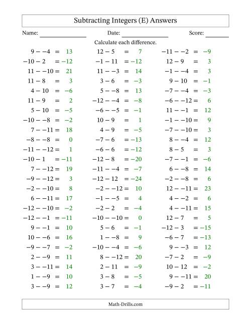 The Subtracting Mixed Integers from -12 to 12 (75 Questions; No Parentheses) (E) Math Worksheet Page 2