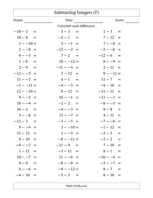 The Subtracting Mixed Integers from -12 to 12 (75 Questions; No Parentheses) (F) Math Worksheet