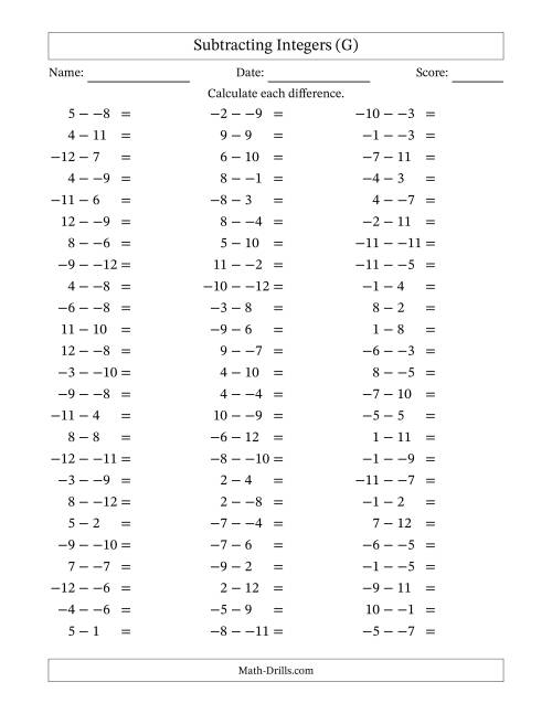 The Subtracting Mixed Integers from -12 to 12 (75 Questions; No Parentheses) (G) Math Worksheet