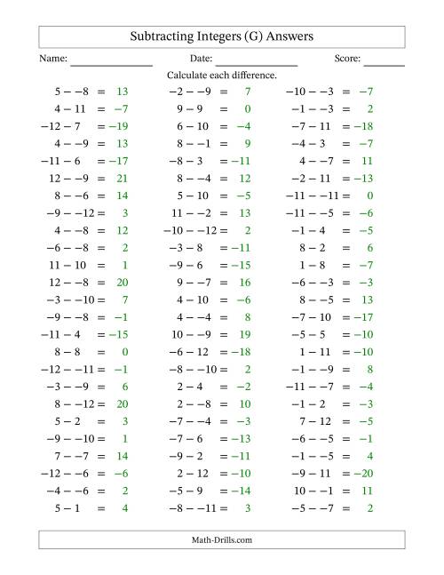 The Subtracting Mixed Integers from -12 to 12 (75 Questions; No Parentheses) (G) Math Worksheet Page 2
