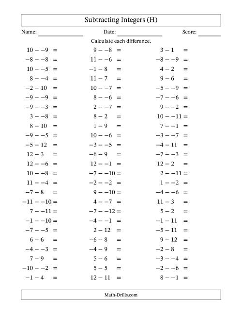 The Subtracting Mixed Integers from -12 to 12 (75 Questions; No Parentheses) (H) Math Worksheet