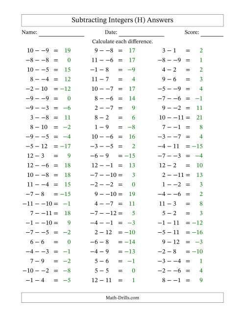 The Subtracting Mixed Integers from -12 to 12 (75 Questions; No Parentheses) (H) Math Worksheet Page 2