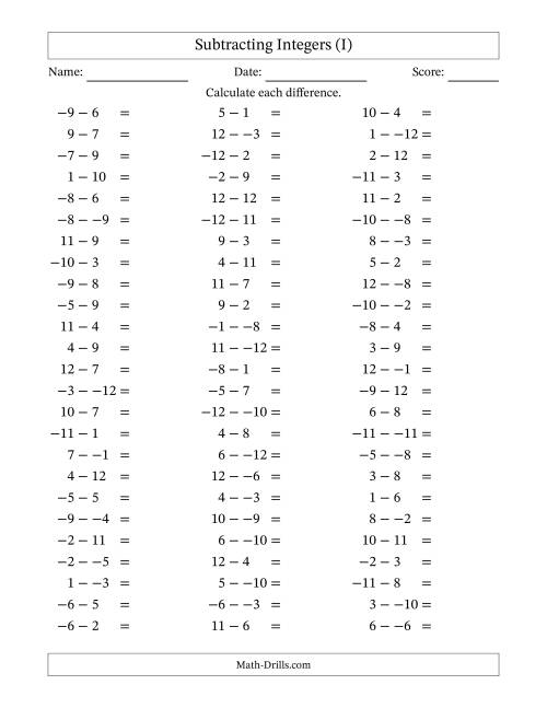 The Subtracting Mixed Integers from -12 to 12 (75 Questions; No Parentheses) (I) Math Worksheet