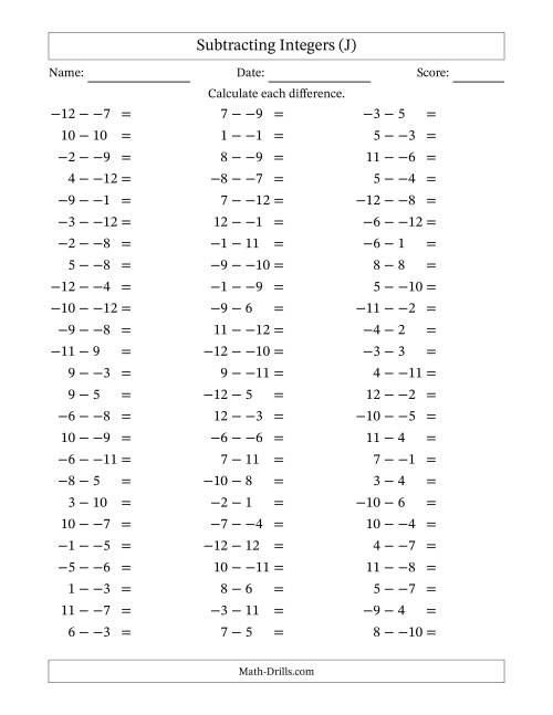 The Subtracting Mixed Integers from -12 to 12 (75 Questions; No Parentheses) (J) Math Worksheet