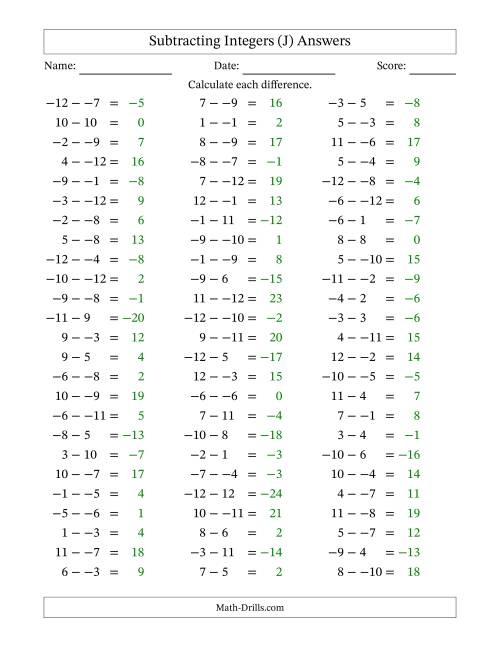 The Subtracting Mixed Integers from -12 to 12 (75 Questions; No Parentheses) (J) Math Worksheet Page 2