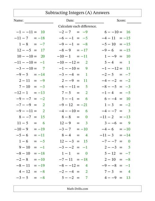 The Subtracting Mixed Integers from -12 to 12 (75 Questions; No Parentheses) (All) Math Worksheet Page 2