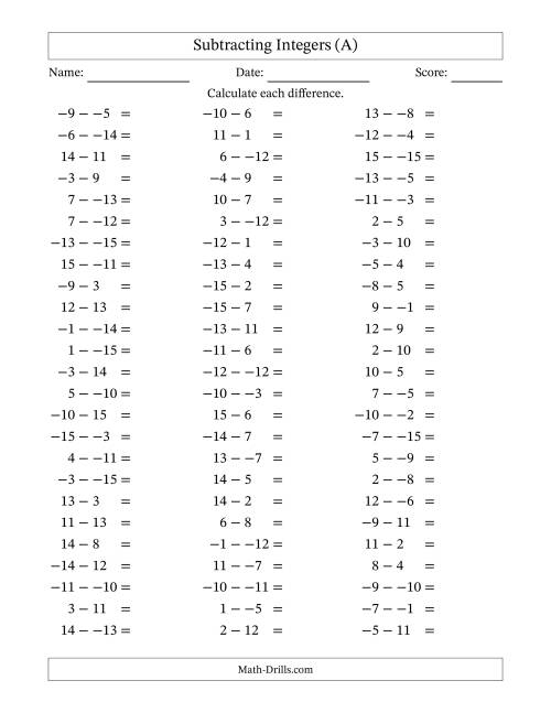 The Subtracting Mixed Integers from -15 to 15 (75 Questions; No Parentheses) (A) Math Worksheet