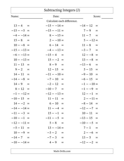 The Subtracting Mixed Integers from -15 to 15 (75 Questions; No Parentheses) (J) Math Worksheet