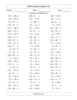 Subtracting Mixed Integers from -20 to 20 (75 Questions; No Parentheses)
