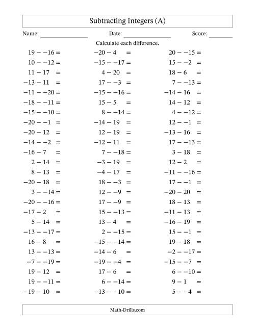 The Subtracting Mixed Integers from -20 to 20 (75 Questions; No Parentheses) (A) Math Worksheet