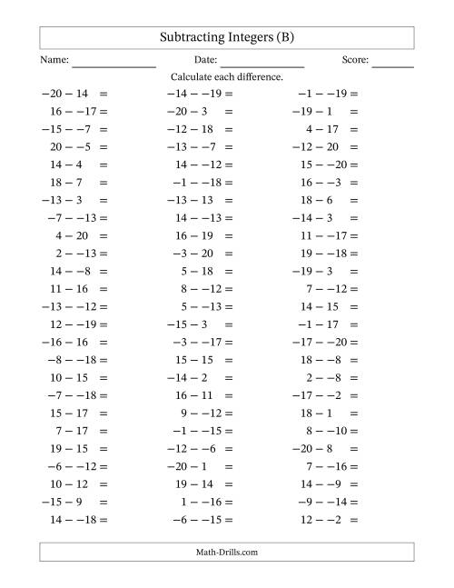 The Subtracting Mixed Integers from -20 to 20 (75 Questions; No Parentheses) (B) Math Worksheet