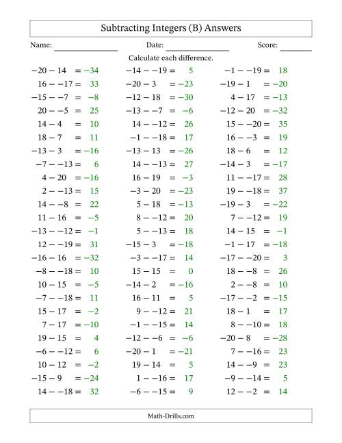 The Subtracting Mixed Integers from -20 to 20 (75 Questions; No Parentheses) (B) Math Worksheet Page 2
