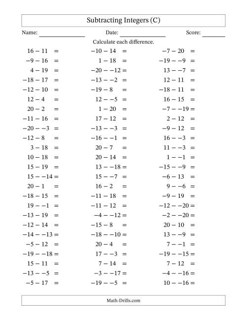 The Subtracting Mixed Integers from -20 to 20 (75 Questions; No Parentheses) (C) Math Worksheet