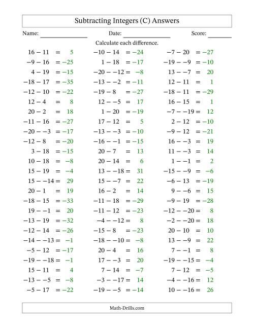 The Subtracting Mixed Integers from -20 to 20 (75 Questions; No Parentheses) (C) Math Worksheet Page 2