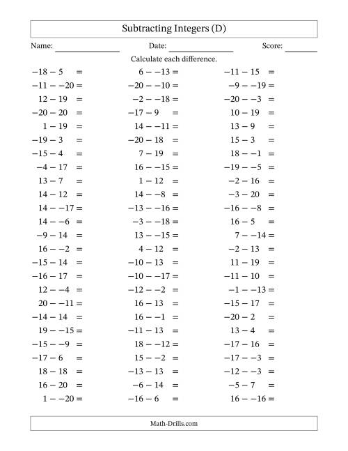 The Subtracting Mixed Integers from -20 to 20 (75 Questions; No Parentheses) (D) Math Worksheet