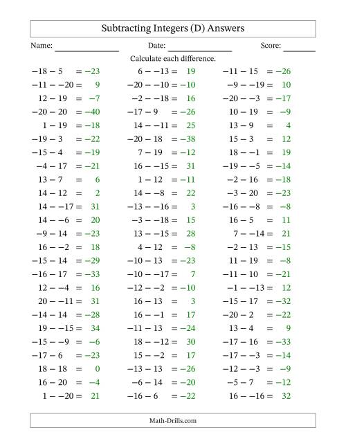 The Subtracting Mixed Integers from -20 to 20 (75 Questions; No Parentheses) (D) Math Worksheet Page 2