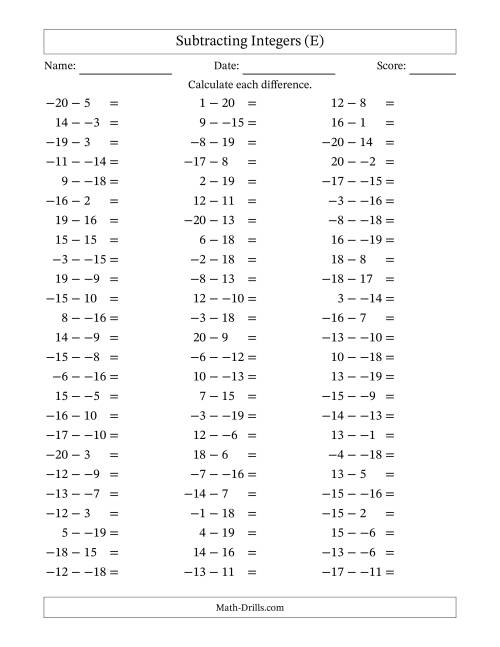 The Subtracting Mixed Integers from -20 to 20 (75 Questions; No Parentheses) (E) Math Worksheet