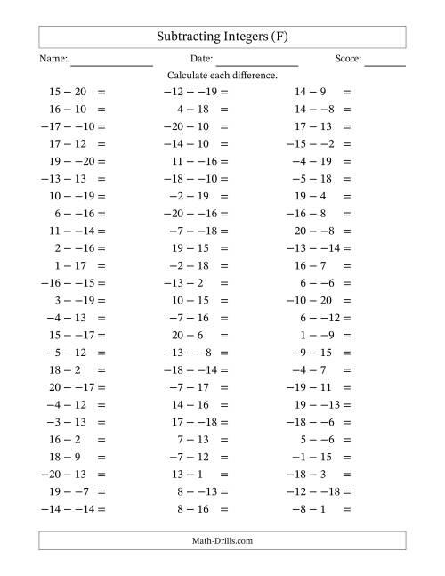 The Subtracting Mixed Integers from -20 to 20 (75 Questions; No Parentheses) (F) Math Worksheet