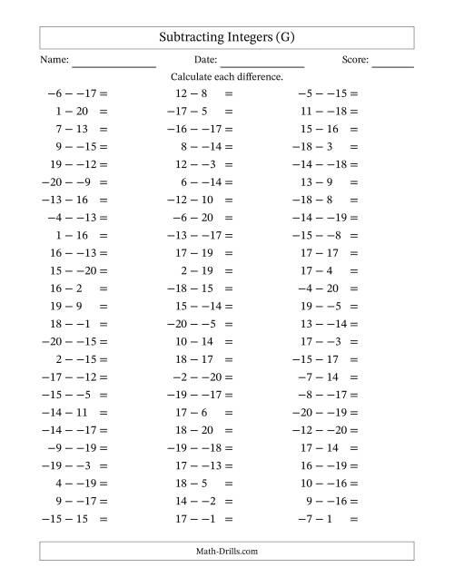 The Subtracting Mixed Integers from -20 to 20 (75 Questions; No Parentheses) (G) Math Worksheet
