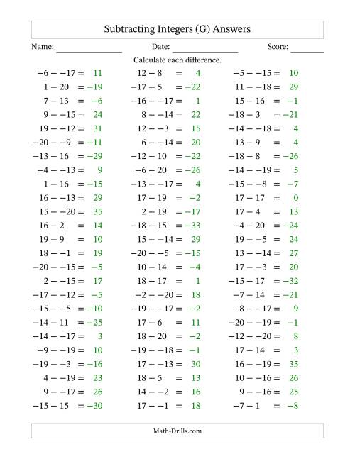 The Subtracting Mixed Integers from -20 to 20 (75 Questions; No Parentheses) (G) Math Worksheet Page 2