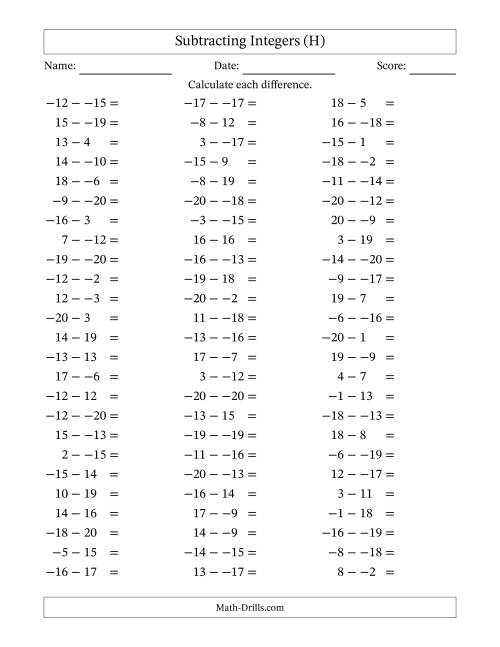 The Subtracting Mixed Integers from -20 to 20 (75 Questions; No Parentheses) (H) Math Worksheet
