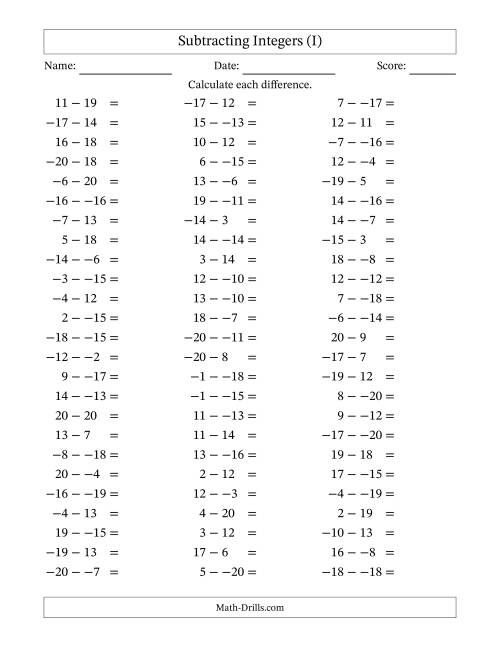 The Subtracting Mixed Integers from -20 to 20 (75 Questions; No Parentheses) (I) Math Worksheet