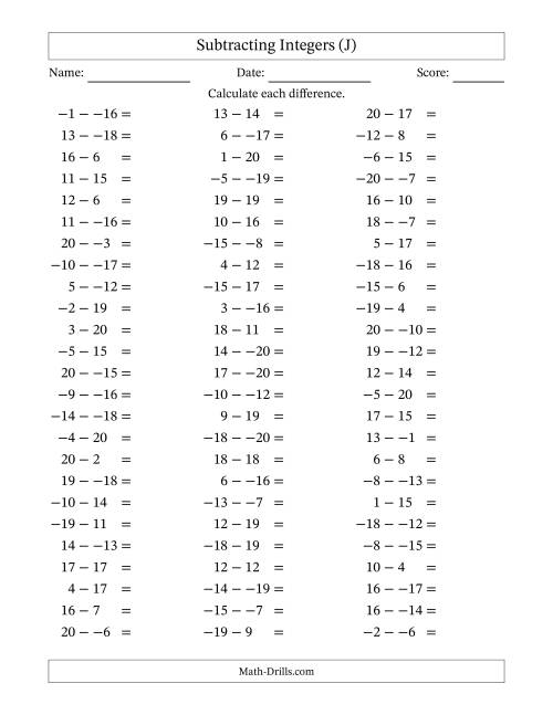 The Subtracting Mixed Integers from -20 to 20 (75 Questions; No Parentheses) (J) Math Worksheet