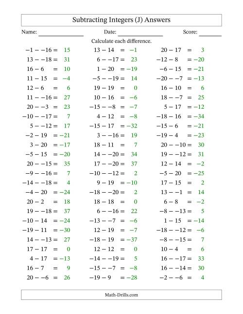 The Subtracting Mixed Integers from -20 to 20 (75 Questions; No Parentheses) (J) Math Worksheet Page 2