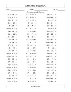 Subtracting Mixed Integers from -25 to 25 (75 Questions; No Parentheses)