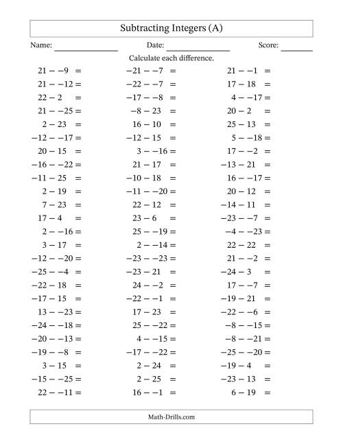 The Subtracting Mixed Integers from -25 to 25 (75 Questions; No Parentheses) (A) Math Worksheet