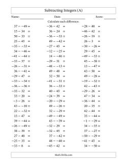Subtracting Mixed Integers from -50 to 50 (75 Questions; No Parentheses)