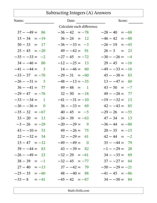 The Subtracting Mixed Integers from -50 to 50 (75 Questions; No Parentheses) (A) Math Worksheet Page 2