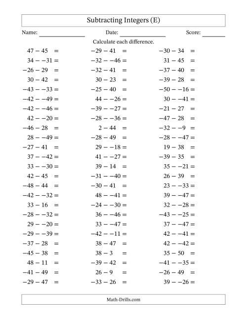The Subtracting Mixed Integers from -50 to 50 (75 Questions; No Parentheses) (E) Math Worksheet